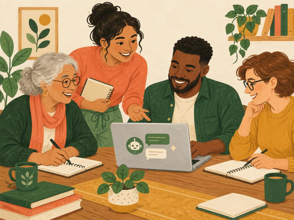 Illustration of a friendly group of all ages learning AI together around a table with a laptop and notebooks